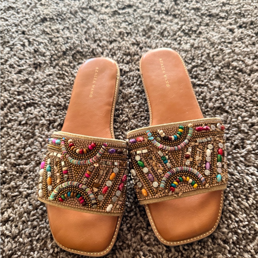 Vaneli Tan Beaded Embellished Slide Sandals